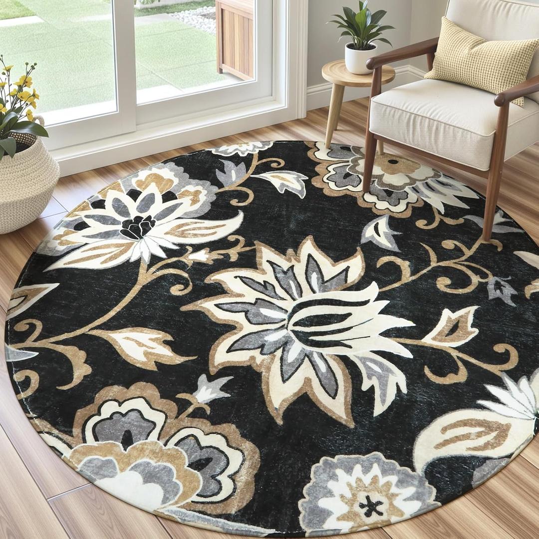 Lahome Floral Black Round Area Rug - 5Ft Washable Ultra-Thin Soft Bedroom Rug, Non-Slip Stain Resistant Circle Carpet for Living Room, Office, Dining Room, Paisley Print Accent Carpet