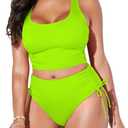 Pink Queen Women's Scoop Neck Racerback Ruched Crop Top High Waisted Bikini Sets 2 Piece Swimsuit Bathing Suit (X-Large)