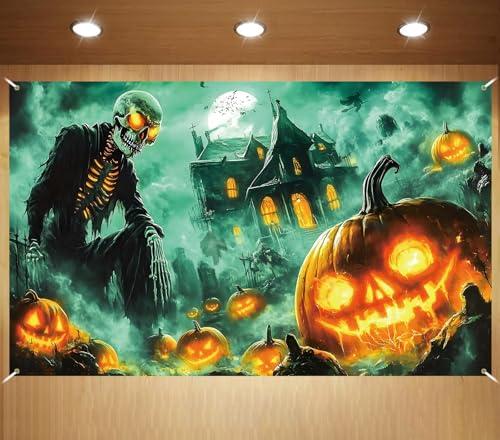 Halloween Photo Backdrop Skeleton Pumpkin Banner Halloween Haunted Castle Scary Party Decorations and Supplies for Home Pack of 2