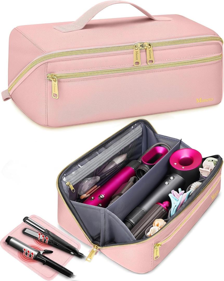 Mancro Hot Hair Tools Travel Bag with Separate Heat Resistant Mat, Large Capacity Wide-open Pouch, Hair Accessories Organizer for Flat Irons, Straighteners, Curling Iron,Travel Essentials for Women, Pink