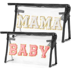 CY2SIDE MAMA Baby Bag Set - 2PCS Clear MAMA Letter Patch Makeup Bag with Handle for Travel Cosmetic Pouch for Toiletries Waterproof Travel Organizer Baby Reveal Gift Mothers Day Gift Black