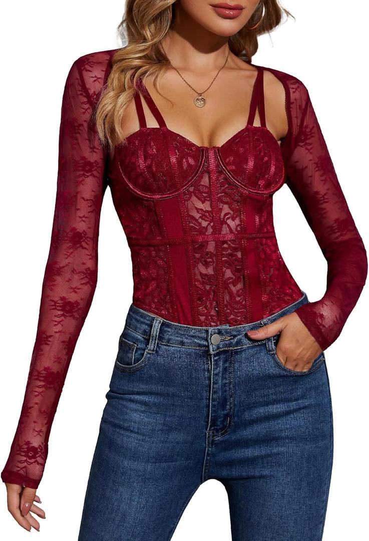 Women Lace Bolero Shrug See Through Floral Cardigan Sheer Mesh Cropped Y2K Going Out Tops (Medium, Wine Red-only the Bolero)
