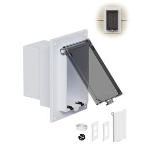 DBVR1W-1 Low Profile IN BOX Exterior Box, Outdoor Recessed Outlet Electrical Box for Wet Location, Recessed Non-Metallic Exterior Outlet Box with 2 Weatherproof Covers, Vertical, 1-Gang, Clear & White