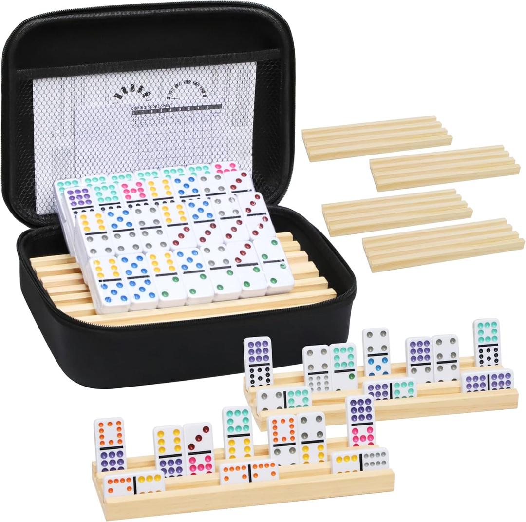 Mexican Train Dominoes Set with 8 Wooden Trays/Racks, Double 12 Dominos Travel Set with 8 Domino Tiles Holders, 91 Tiles Double 12 Colored Dominoes Game Set with Portable Case for Families Kids