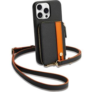 LAMEEKU for iPhone 14 Pro Max Wallet Case with Card Holder, Zipper Leather Crossbody Case with Kickstand Wrist Strap Lanyard for Women, Protective Cover with Phone Grip Holder Stand 5G 6.7 inch Black