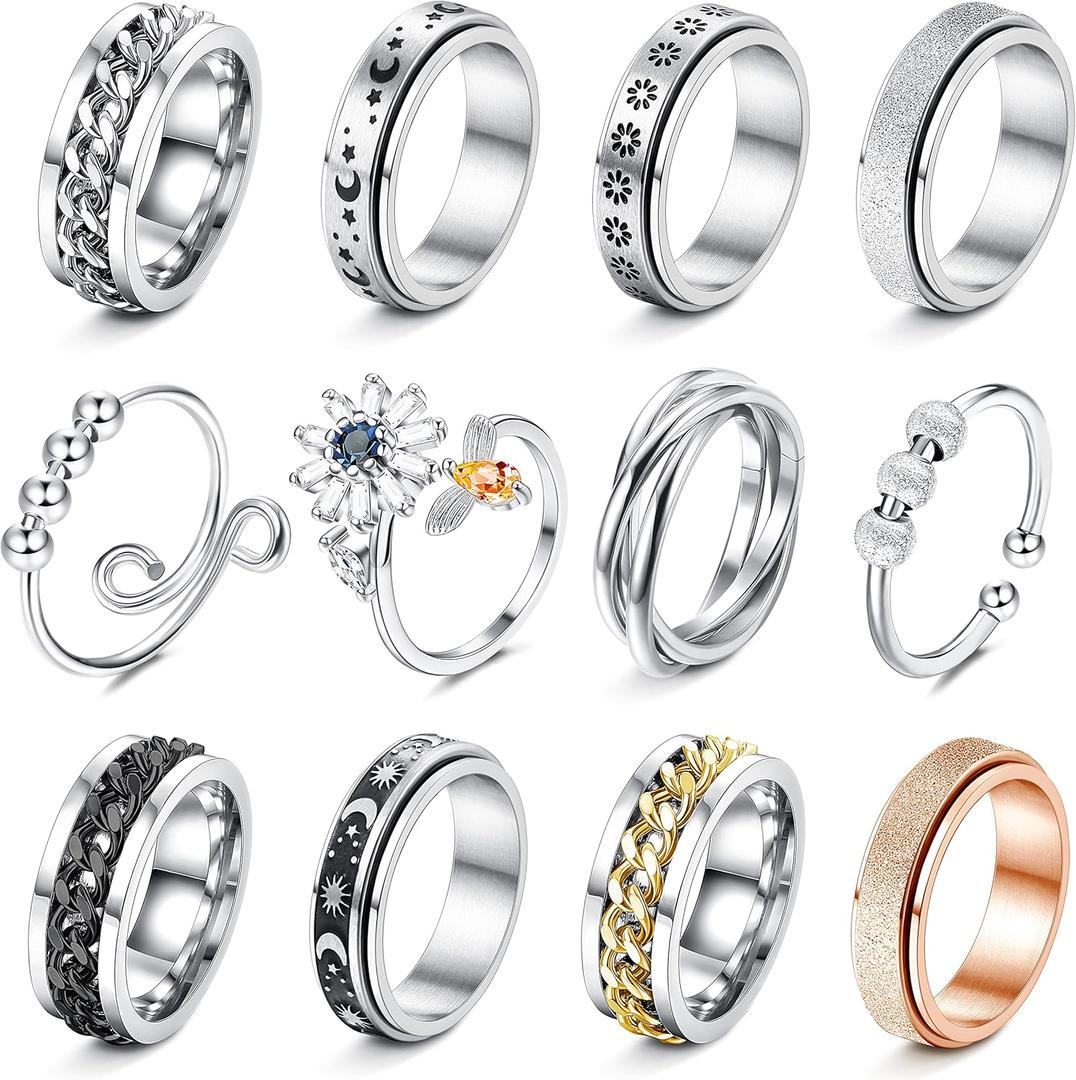 FASACCO 12Pcs Fidget Anxiety Rings for Women Men - Spinner Fidget Rings for Anxiety Relieving Stress Flower Moon Star Stainless Steel Rings Adjustable Size 9