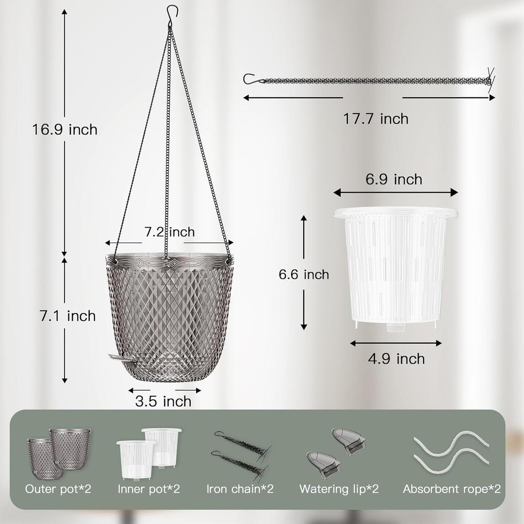 QCQHDU Self Watering Hanging Pots, 1 Pack 7.2 Inch Hanging Planters for Indoor Plants, Plant Hanger with Drainage Holes and 3 Hooks Chains for Garden Home 