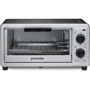 Proctor Silex 4 Slice Countertop Toaster Oven, Multi-Function with Bake, Toast and Broiler, 1100 Watts, 30 min timer and auto-shutoff, Includes Backing Pan and Rack, Black and Silver (31260)