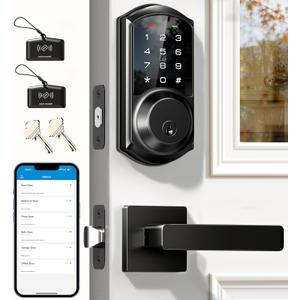 Veise VE06-L Smart Locks with 2 Lever Handle Set, App Control, Keyless Entry Deadbolt for Front Door, Electronic Digital Touchscreen Keypad, Auto Lock, Waterproof, Easy Installation, Matte Black