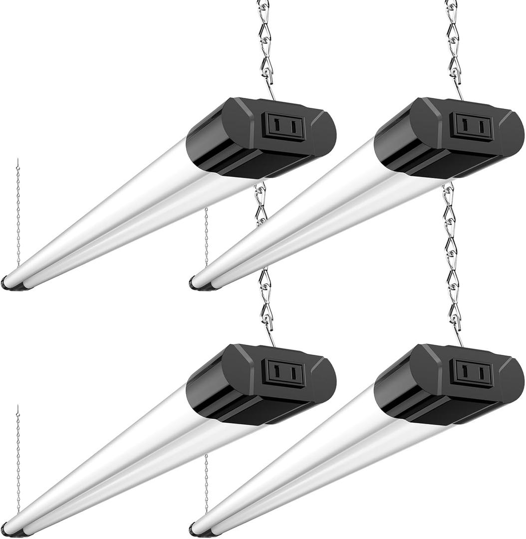 BBOUNDER 4 Pack Linkable LED Utility Shop Light, 4400 LM, Super Bright 6500K Cool Daylight, 4 FT Integrated Fixture for Garage, 40W Equivalent 250W, Surface + Suspension Mount, Black