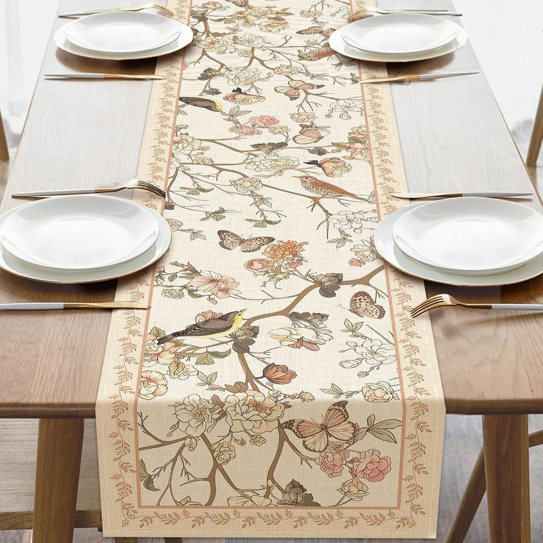 Vintage Floral Bird Dining Table Runner, Retro Peony Flower Plants Butterfly Pastoral Burlap Kitchen Decoration, Spring Summer Botanical Indoor Outdoor Home Decor Party Supply 13 x 72 Inches