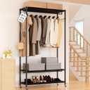 Himix 3 Tier Heavy Duty Clothes Rack, 80.7" H x 47" W x 17.7" D Black Rolling Garment Clothing Racks with Adjustment Wire Shelving, Wheels, Double Rods and Side Hooks, Metal Wardrobe Rack Freestanding