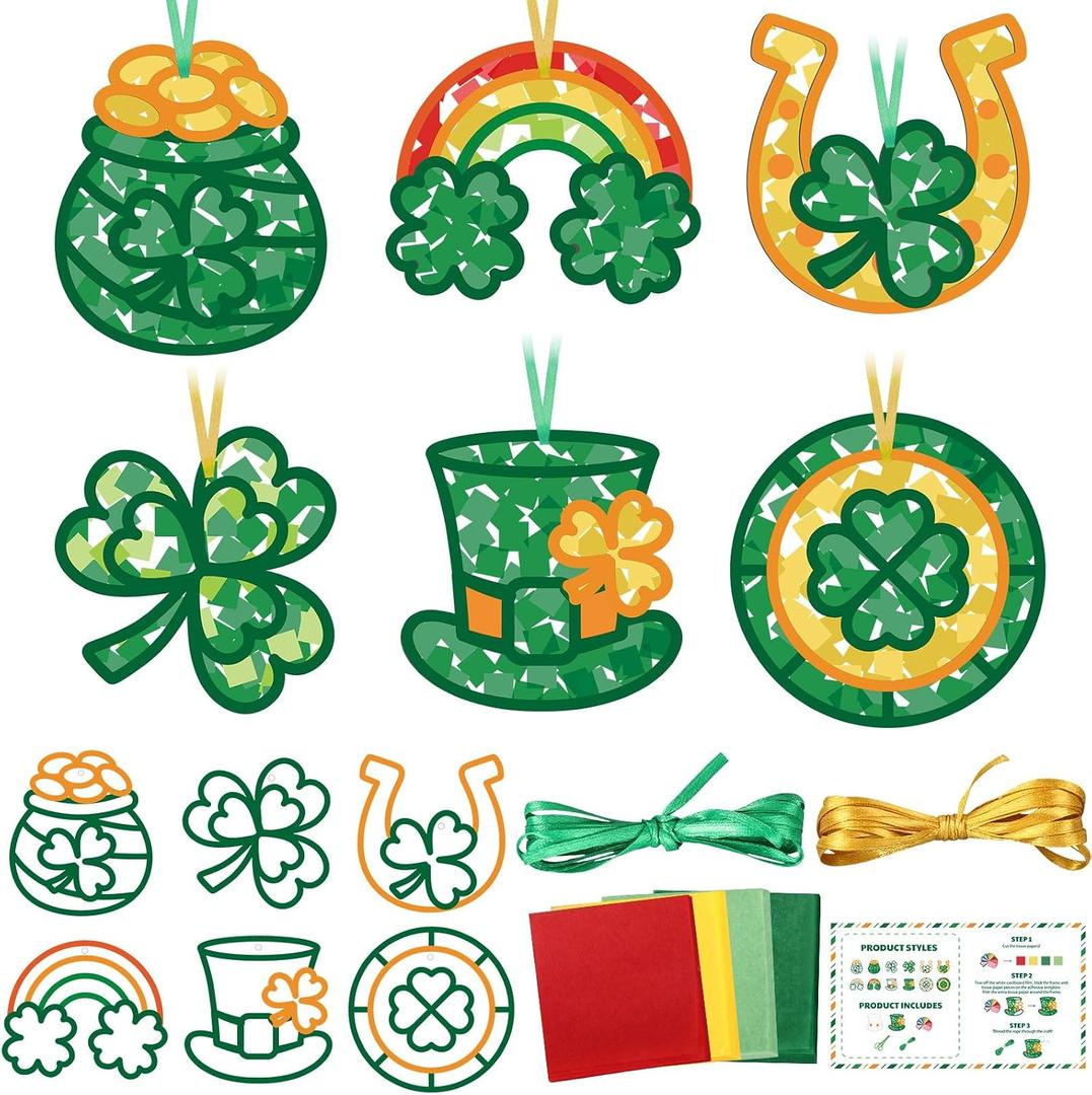 2 x Feifeiya 24 Sets St. Patrick's Day Suncatchers Craft Kit for Kids DIY Shamrock Tissue Paper Sign Art Craft Kit Gift for Irish Saint Patrick Classroom Game Activities March Holiday Party Decor