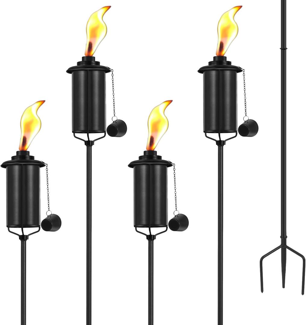4 Pack Garden Torches, 16 oz Metal Torch for Outside with 3-Prong Grounded Stake, Outdoor Decorative Citronella Torches, 59 inch Garden Dcor Torches