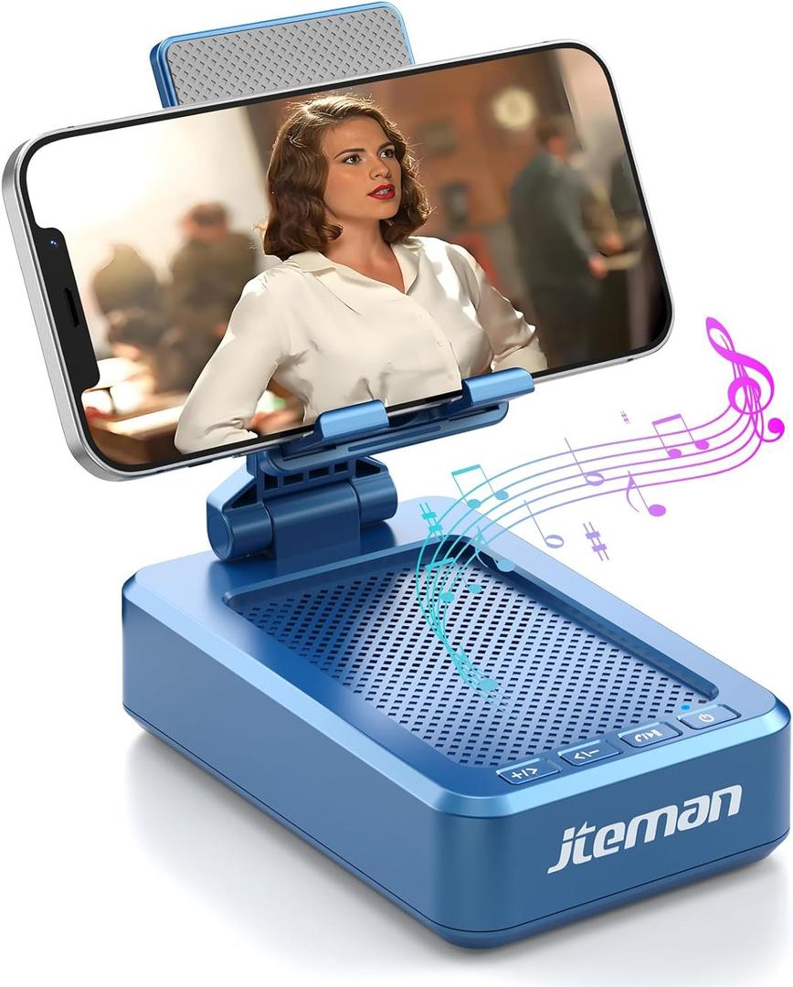 JTEMAN Cell Phone Stand with Bluetooth Speaker, HD Stereo Sound & Anti-Slip Base, Foldable Adjustable Desktop Phone Holder for Home Office, Cool Tech Gadgets Birthday Gifts for Men Women (Blue)