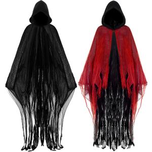Geyoga 2 Pcs Halloween Horror Grim Reaper Costume Scary Cloak Medieval Renaissance Gothic Wizard Robe Men Women Hooded Cape (Medium, Black, Bright Red)