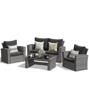4-Piece Wicker Patio Conversation Set with Dark Grey Cushions
