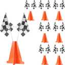 Racing Car Party Decorations Include 6 Orange Traffic Cones and 12 Checkered Flags Mini Black and White 7 Inch Cardboard Cones for Race Car Theme Birthday Party Decorations