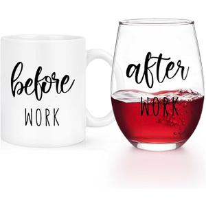 Futtumy Before Work After Work Gift Set 11oz Coffee Mug 17oz Stemless WineGlass 2oz Shot Glass Set for Boss Coworker Manger Leader Employee, Office Gifts Bosses Day Gifts Christmas Gift for Women