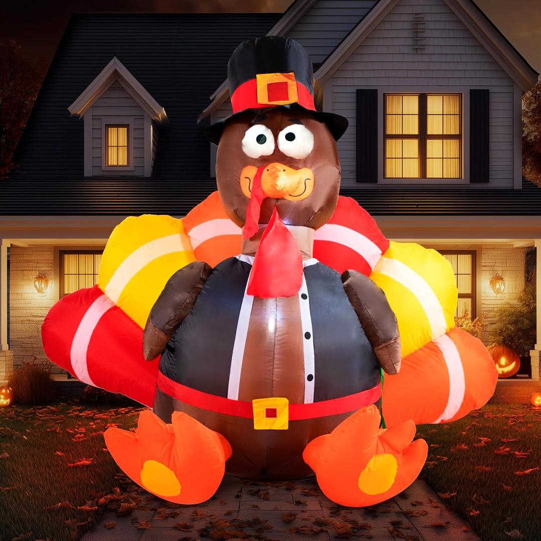 Joiedomi 6 FT Thanksgiving Inflatable Turkey Decorations, LED Light Up Turkey with Pilgrim Hat, Blow Up Decor for Thanksgiving Outdoor Decorations, Halloween Inflatable for Yard Garden