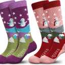 Hylaea Merino Wool Ski Socks Kids, Knee-high Warm Thermal Snowboard Skating Socks for Boys Girls Toddler (X-Small, Pink Red Gray Blue (2 Pairs))
