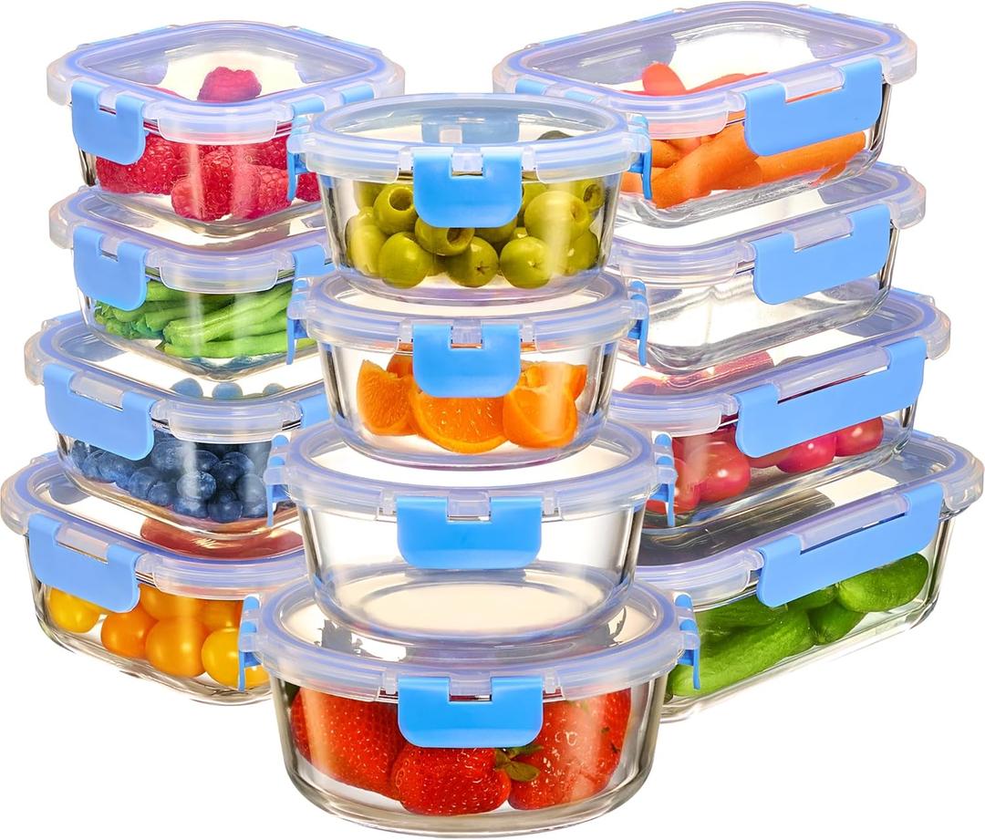 FineDine 24 Piece Glass Storage Containers with Lids - Leak Proof, Dishwasher Safe Glass Food Storage Containers for Meal Prep or Leftovers, Blue