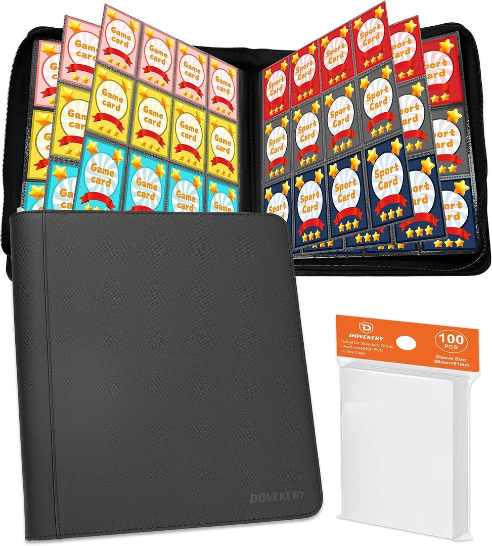 12 Pocket Card Binder, 864 Pockets Side Loading Trading Card Collection Binder, Comes with 100pcs Card Sleeves, Zipper Ringless Holder Album for TCG, Sports, Game Cards, Black