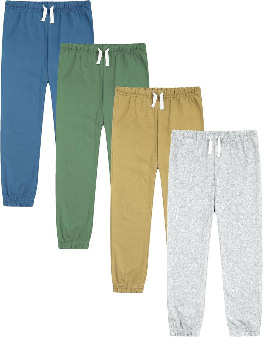 GFQLONG 4 Pack Toddler Boys and Girls Cotton Pants Lightweight Trousers, Kids Summer Casual Solid Sweatpants with Drawstring (8-9 Years, Green, Blue, Khaki, Grey)