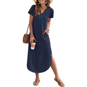 MISFAY Women's Summer Casual Maxi Dress 2025 Short Sleeves V Neck Loose Sundress Split Long Beach T Shirt Dress Vacation Outfits(Navy,2XL) (Blue, XXL)