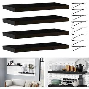 HJW Pegboard Shelf Black, 4 Pack Wooden Pegboard Shelves with Metal Pegboard Shelf Brackets Pegboard Hooks, for Craft Room, Home, Kitchen, Garage