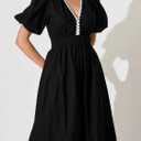 Womens V Neck Short Sleeve Boho Midi Dress Summer Wedding Guest Beach Party Long Dresses Black Small