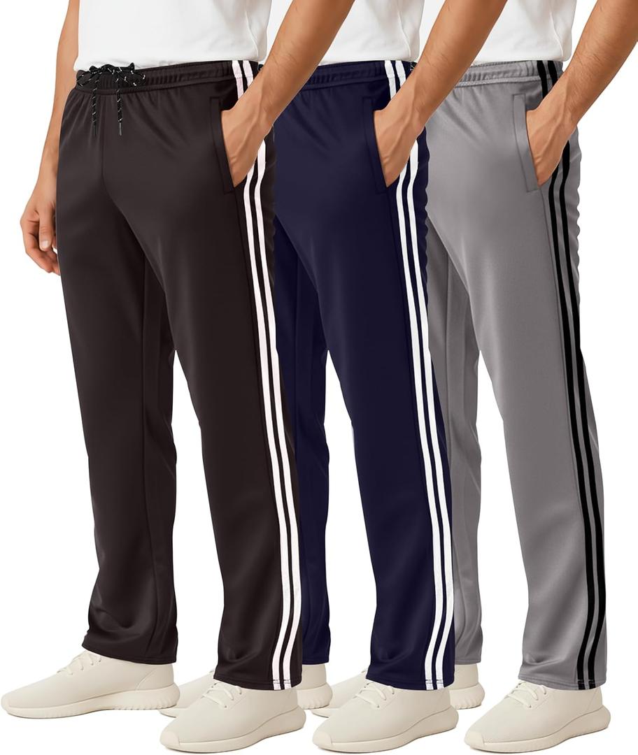 Real Essentials 3 Pack: Men's Mesh Open Bottom Sweatpants Gym Active Athletic Workout Casual Pants with Pockets (Big & Tall) (Large)