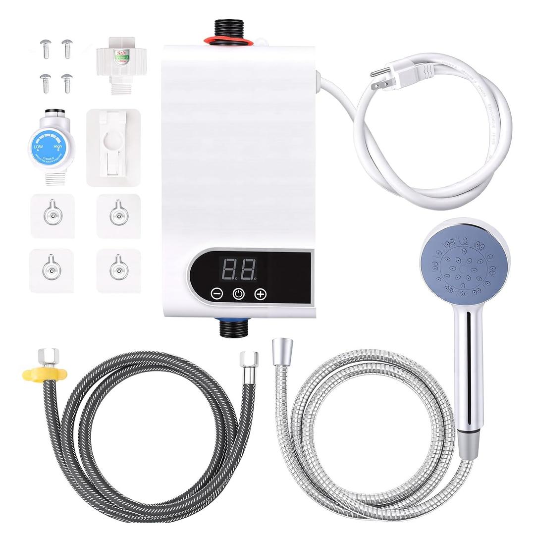 Tankless Water Heater, 3500W Electric Water Heater with LED Touchscreen and Shower Kit, Compact Digital Temperature Control Hot System for Bathroom Kitchen