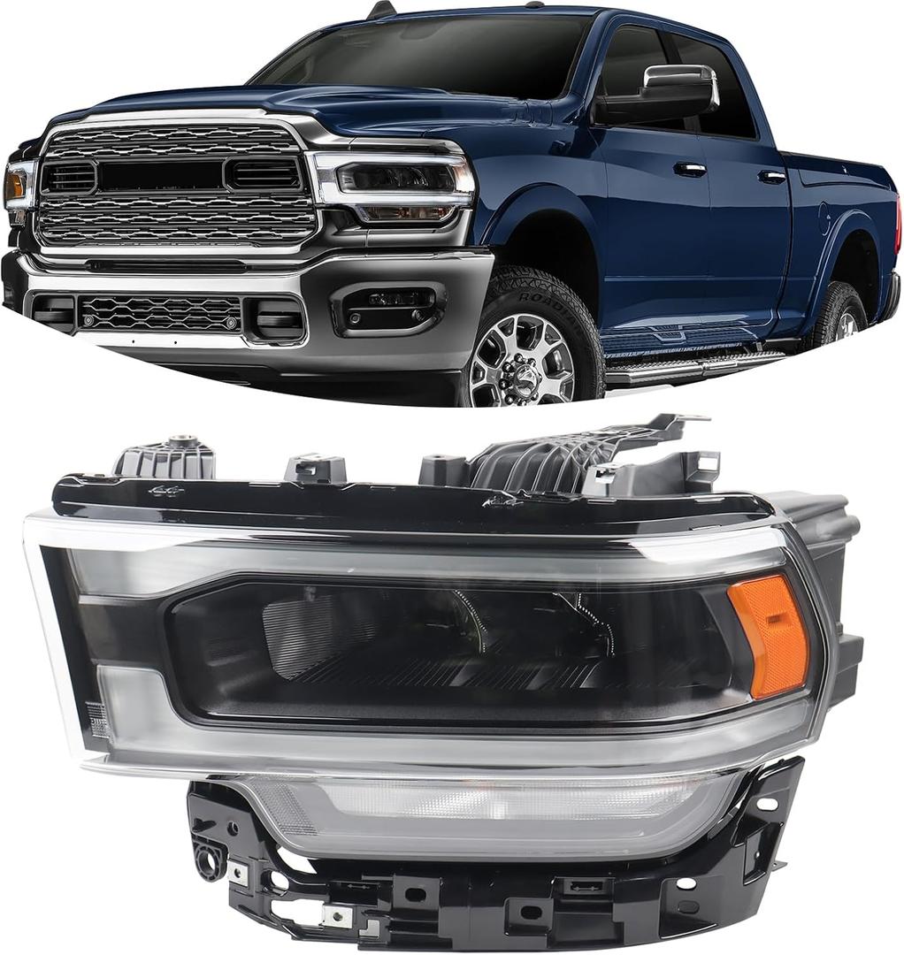 LH LED Black Interior Headlight Assembly Compatible with 2019-2024 Dodge Ram 2500 3500 Headlamp W/LED Daytime Running Light DRL Left Driver Side 68360181AC