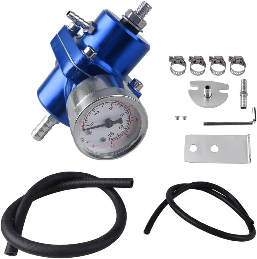 BARTOO Universal Adjustable Fuel Pressure Regulator Kit, Aluminum Fuel Regulator,Adjustable Gas Oil Injection Pressure Regulator with 0-140 PSI Gauge -Blue