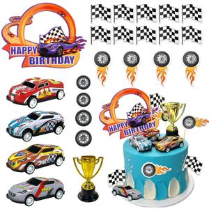 MEMOVAN Race Car Birthday Cake Decoration 24PCS Racing Car Cake Toppers Checkered Flag Cars Cake Cupcake Decorations for Man Boy Kid Racing Cars Theme Birthday Supplies Party Favors
