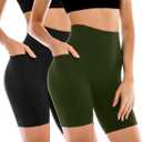 Leafigure 2 Pack Womens Biker Shorts with Pockets, High Waisted Yoga Shorts for Women Running Gym and Workout (Black Green,Small)