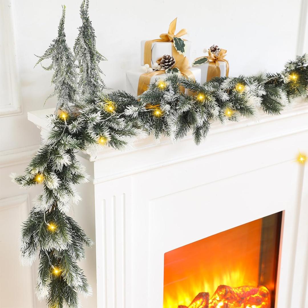 Chuangdi 6 Pack 9 ft Pre-lit Snow Flocked Christmas Garland for Lighted Mantle White Winter Garland Artificial Christmas Cedar Pine Garland for Mantel Fireplace Table Door Stair Dcor (Warm White LED)