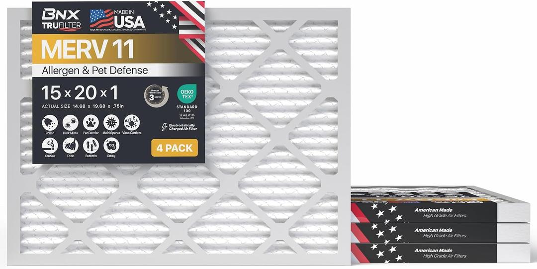 BNX TruFilter 15x20x1 Air Filter MERV 11 (4-Pack) - MADE IN USA - Allergen Defense Electrostatic Pleated Air Conditioner HVAC AC Furnace Filters for Allergies, Dust, Pet, Smoke, Allergy MPR 1200 FPR 7