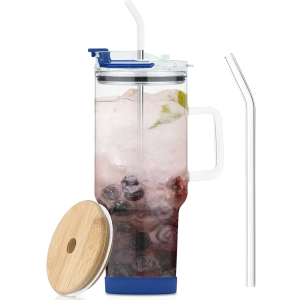 40oz Glass Tumbler with Straw and Lid,Glass Tumbler with Handle,Drinking Glasses with Silicone Coaster,Water Cup,Smoothie Cups,Ice Coffee Mug,Fits In Cup Holder(Navy Blue)
