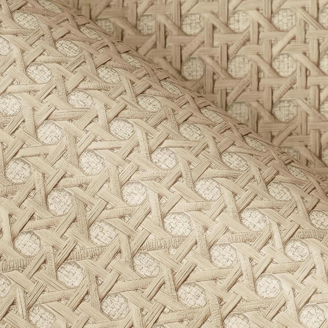 FunStick 24"x200" Beige Taupe Rattan Peel and Stick Wallpaper Vintage Removable Faux Textured Rattan Cane Brown Contact Paper for Kitchen Cabinet Wallpaper Wood Vinyl Wrap for Dresser Bedroom Walls