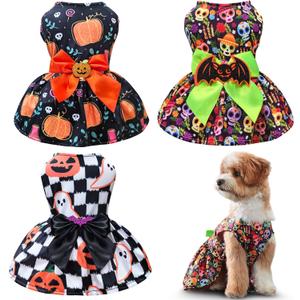 3 Pcs Dog Halloween Dress Sets Funny Pumpkin Ghost Skeleton Halloween Costumes for Dogs Funny Halloween Puppy Dress with Bow for Small Dogs (Medium)