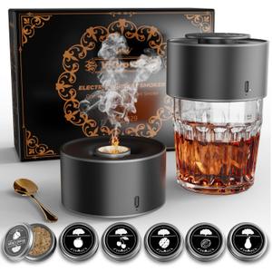 Electric Whiskey Smoker Kit Built in Heating Rod & Brushless Fan, Rechargeable Cocktail Smoker Kit with 6 Premium Wood Chips, Old Fashioned Drink Smoker for Bourbon, Christmas Gifts for Men