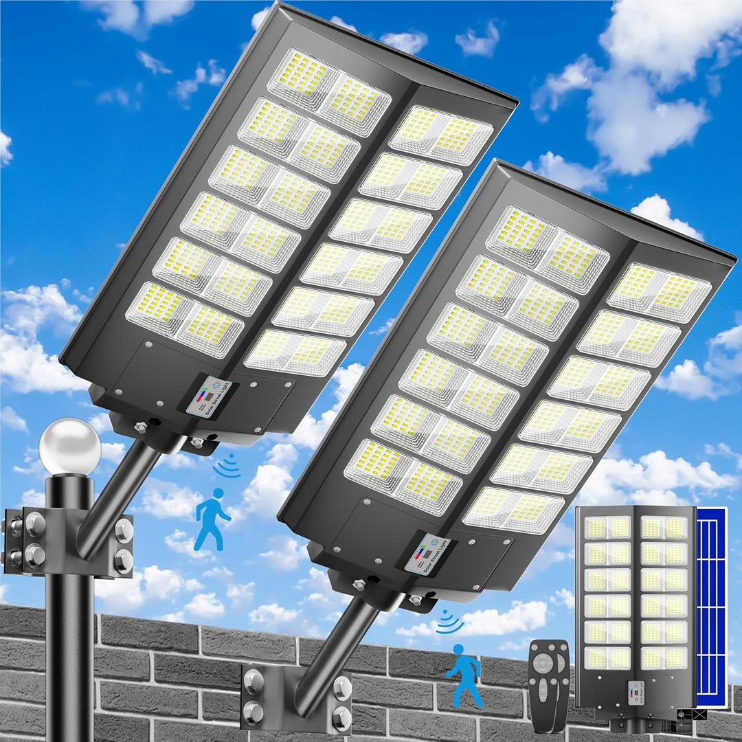 Solar Street Light Dusk to Dawn 6000W, 600000LM, 7000K Brightness, IP67 Waterproof, Motion Sensor, Lights Outdoor Street Light for Security and Safety (6000W-2Pack)