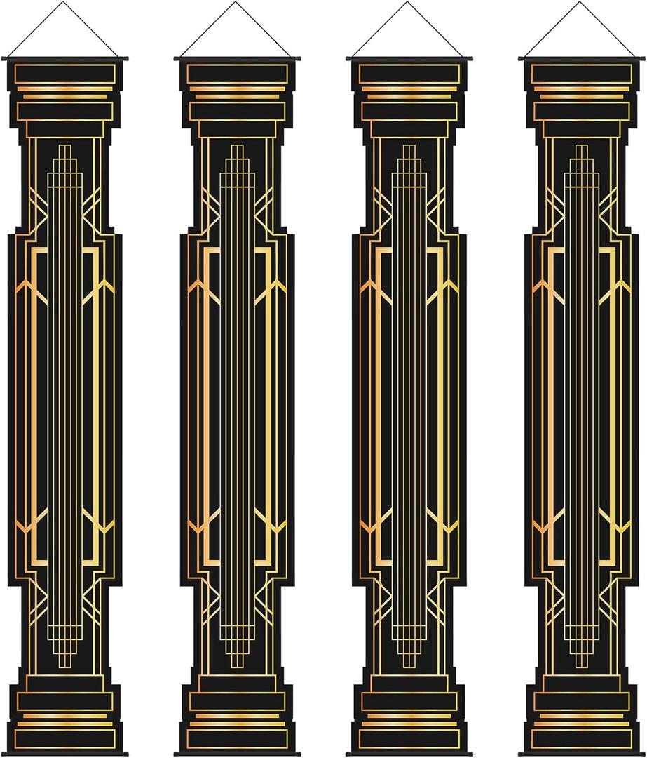 4 Pcs Roaring 20s Party Decorations Black and Gold Column Door Porch Banner 1920s Hanging Banner Speakeasy Awards Wedding Decorations Supplies