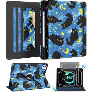 Kidcube for iPad Pro 13 Inch Case M4 2024 - Women Girls Cute Rotating Stand Folio Cover with Pencil Holder & Card Slot Girly Cat Stars Blue Design for iPad Pro 13 Inch Case 2024 (A2925 A2926 A3007)