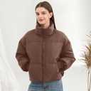 Women’s Winter Cropped Puffer Jacket Coat Casual Quilted Baggy Long Sleeve Zip Down Jackets Outerwear (Brown, S)