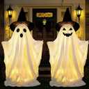 Roberly 2 Packs Halloween Decorations Outdoor Indoor, Spooky Ghost Decor with Witch Hat LED Lights Battery Operated Timer for Yard Front Porch Lawn Mantel Party Home