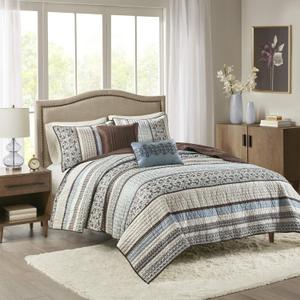 Madison Park Quilt Set Luxurious Jacquard Stripes Design - All Season, Coverlet Bedspread Lightweight Bedding Layer, Shams, Decorative Pillow, Full/Queen(90"x90"), Floral Blue 5 Piece