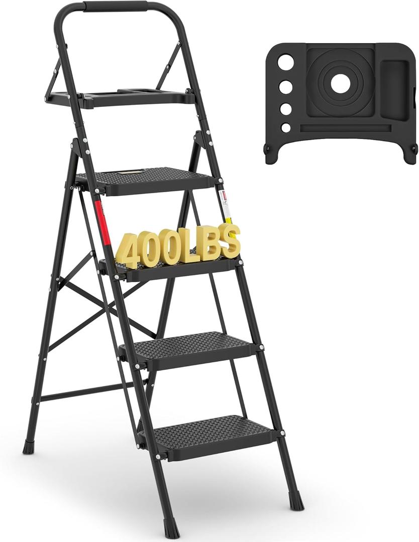 BONTEC 4-Step Ladder, 400lbs Max Load, Folding Step Stool with Tool Tray, Anti-Slip Pedals, Sturdy Steel, Lightweight Portable Ladder with Handrail for Home & Work Use, Black
